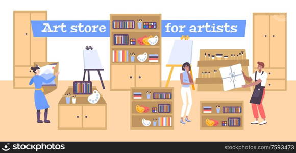 Art store background with goods for drawing and painting flat vector illustration. Art Store Background