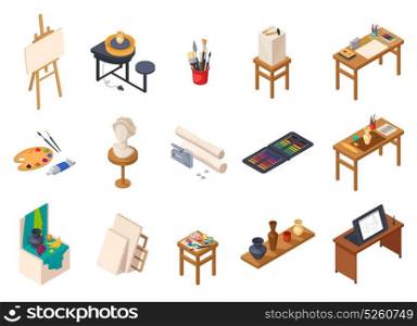 Art Studio Elements Set. Art studio isometric interior elements collection with isolated painting equipment desks tables shelves with training samples vector illustration