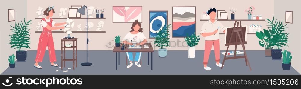 Art studio flat color vector illustration. Marble sculpting, traditional and digital painting activity. Creative hobby, art therapy. Young artists 2D cartoon characters with interior on background. Art studio flat color vector illustration