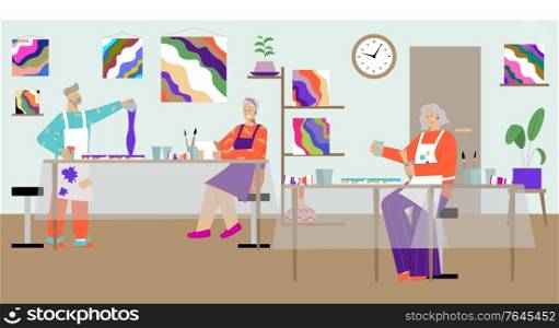 Art studio group flat composition with view of painting class with characters of students and tutor vector illustration