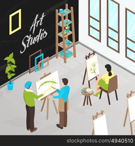 Art Studio Isometric Illustration. Male and female artists painting in art studio isometric vector illustration