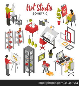 Art Studio Isometric Set. Art studio isometric set with painters graphic designer sculptor equipment and interior objects on white background isolated vector illustration