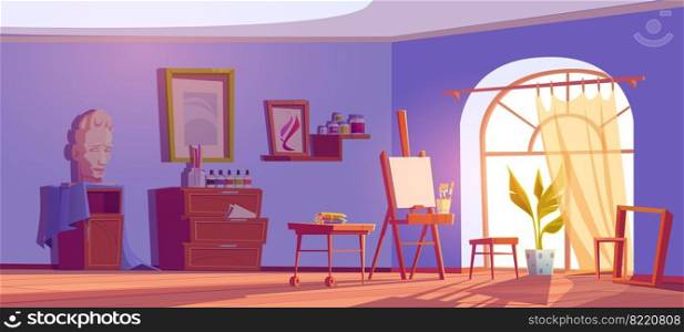 Art studio, painter room with canvas and brushes on easel, paints on shelves and colored pencils. Vector cartoon interior of artist workshop with materials and tools for creative craft. Art studio, painter room with canvas and brushes