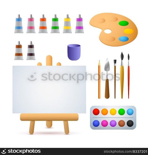 Art studio vector illustration. Oil paints, watercolors, brushes, easel. Painting concept. Vector illustration can be used for topics like art, hobby, leisure