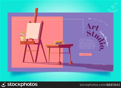 Art studio website. Workshop for painters, drawing education. Vector landing page of artist class with cartoon illustration of wooden easel with canvas, brushes and pencils. Art studio website. Workshop for painters