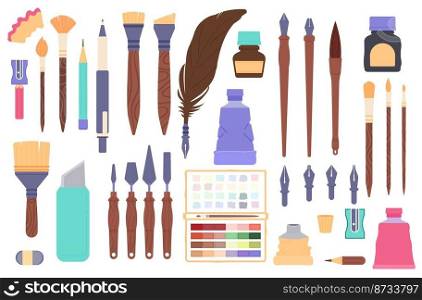 Art supplies collection. Painting equipment, craft tools and pen and artist brushes and pencil. Cartoon flat professional painter tool and hobby vector. Illustration of equipment collection art tools. Art supplies collection. Painting equipment, craft tools and pen and artist brushes and pencil. Cartoon flat professional painter tool and hobby decent vector elements