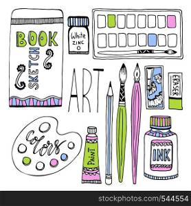 Art supplies for drawing. Sketches vector set with paints, palette, sketchbook and other materials.. Art supplies for drawing. Sketches vector set with paints, palette, sketchbook and other materials
