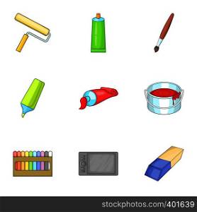 Art supplies icons set. Cartoon illustration of 9 art supplies vector icons for web. Art supplies icons set, cartoon style