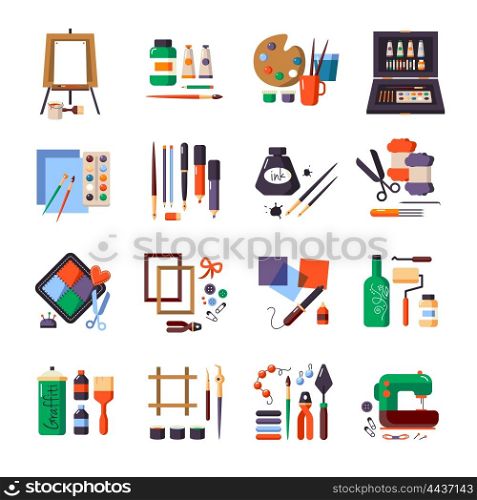 Art Tools And Materials Icon Set. Art tools and materials icon set for painting patchworking sewing equipment vector illustration