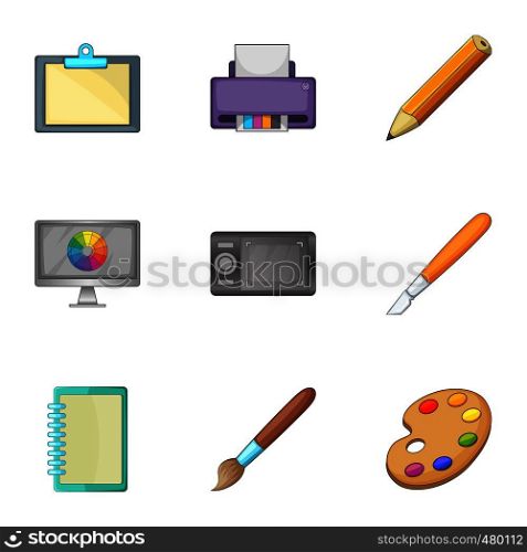 Art tools icons set. Cartoon set of 9 art tools vector icons for web isolated on white background. Art tools icons set, cartoon style