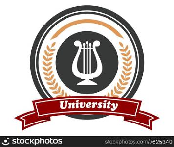 "Art University emblem with beige colored laurel wreath, musical instrument and the word "University" on red colored ribbon isolated over white background in horizontal format. University emblem with laurel wreath"