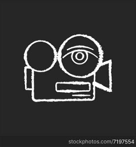 Arthouse film chalk white icon on black background. Festival and authors movie for non broad audience. Visionary and artsy cinema sub genre. Camera with eye isolated vector chalkboard illustration
