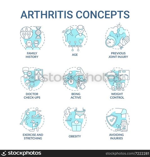 Arthritis blue concept icons set. Risk factors and prevention idea thin line color illustrations. Joint and bone disorder. Weight control and fitness. Vector isolated outline drawings. Editable stroke. Arthritis blue concept icons set