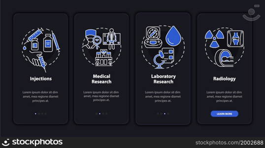 Arthritis clinic services onboarding dark mobile app page screen. Healthcare walkthrough 4 steps graphic instructions with concepts. UI, UX, GUI vector template with linear night mode illustrations. Arthritis clinic services onboarding dark mobile app page screen