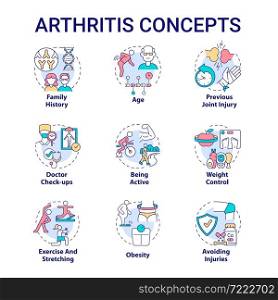 Arthritis concept icons set. Risk factors and prevention idea thin line color illustrations. Joint and bone disorder. Weight control and fitness. Vector isolated outline drawings. Editable stroke. Arthritis concept icons set