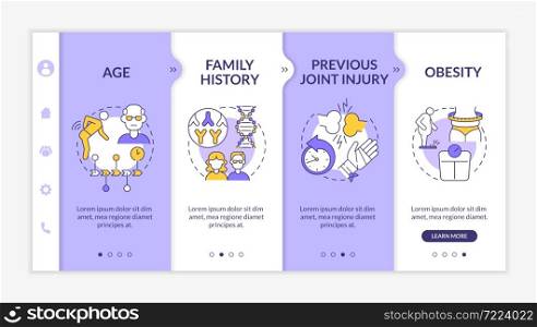 Arthritis development factors onboarding vector template. Responsive mobile website with icons. Web page walkthrough 4 step screens. Causes of osteoarthritis color concept with linear illustrations. Arthritis development factors onboarding vector template