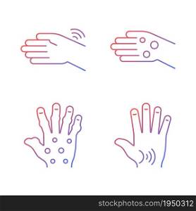 Arthritis in hands gradient linear vector icons set. Wrists rheumatism. Fingers deformity. Rheumatoid nodules. Thin line contour symbols bundle. Isolated outline illustrations collection. Arthritis in hands gradient linear vector icons set