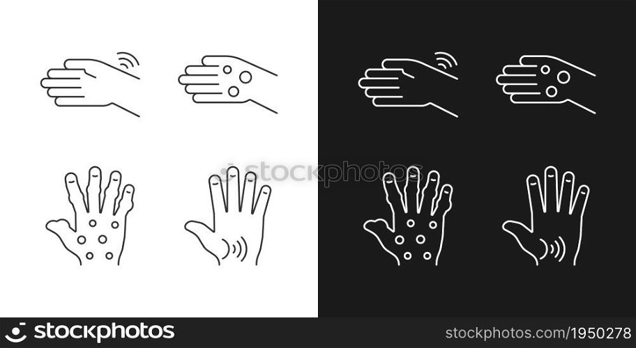 Arthritis in hands linear icons set for dark and light mode. Wrists rheumatism. Fingers deformity. Customizable thin line symbols. Isolated vector outline illustrations. Editable stroke. Arthritis in hands linear icons set for dark and light mode