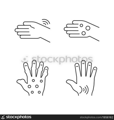 Arthritis in hands linear icons set. Wrists rheumatism. Fingers deformity. Rheumatoid nodules. Customizable thin line contour symbols. Isolated vector outline illustrations. Editable stroke. Arthritis in hands linear icons set
