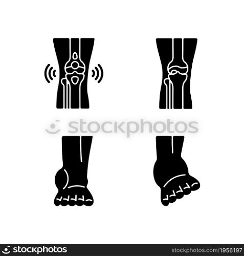 Arthritis leg pain black glyph icons set on white space. Degenerative joint disease. Bursitis condition. Muscles strains. Sprained ankle ligaments. Silhouette symbols. Vector isolated illustration. Arthritis leg pain black glyph icons set on white space
