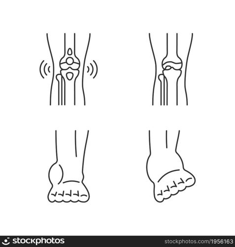 Arthritis leg pain linear icons set. Degenerative joint disease. Bursitis condition. Muscles strains. Customizable thin line contour symbols. Isolated vector outline illustrations. Editable stroke. Arthritis leg pain linear icons set