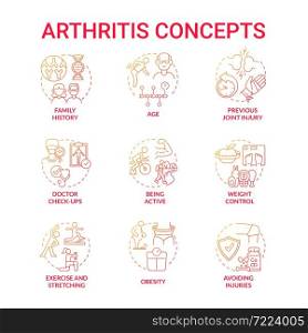 Arthritis red gradient concept icons set. Risk factors and prevention idea thin line color illustrations. Joint and bone disorder. Weight control and fitness. Vector isolated outline drawings. Arthritis red gradient concept icons set