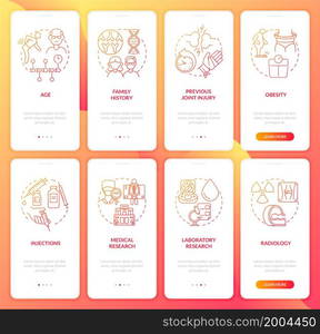 Arthritis red gradient onboarding mobile app page screen set. Risk factors walkthrough 4 steps graphic instructions with concepts. UI, UX, GUI vector template with linear color illustrations. Arthritis red gradient onboarding mobile app page screen set