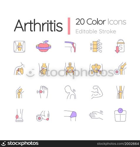 Arthritis RGB color icons set. Joints and bones disease. Knee and elbow pain. Trauma and obesity consequences. Isolated vector illustrations. Simple filled line drawings collection. Editable stroke. Arthritis RGB color icons set