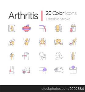 Arthritis RGB color icons set. Joints and bones disease. Knee and elbow pain. Trauma and obesity consequences. Isolated vector illustrations. Simple filled line drawings collection. Editable stroke. Arthritis RGB color icons set