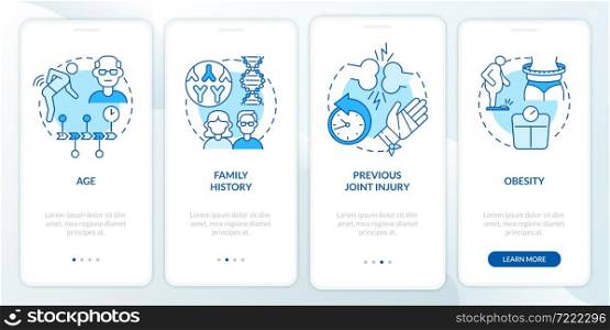 Arthritis risk factors blue onboarding mobile app page screen. Causes of disease walkthrough 4 steps graphic instructions with concepts. UI, UX, GUI vector template with linear color illustrations. Arthritis risk factors blue onboarding mobile app page screen