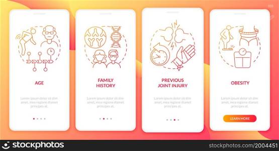 Arthritis risk factors red gradient onboarding mobile app page screen. Walkthrough 4 steps graphic instructions with concepts. UI, UX, GUI vector template with linear color illustrations. Arthritis risk factors red gradient onboarding mobile app page screen