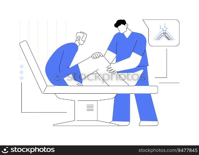 Arthritis symptoms abstract concept vector illustration. Doctor checks the patients knee in hospital, medical examination, joint pain, rheumatology sector, arthritis symptoms abstract metaphor.. Arthritis symptoms abstract concept vector illustration.