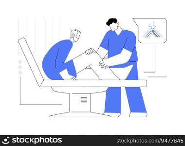 Arthritis symptoms abstract concept vector illustration. Doctor checks the patients knee in hospital, medical examination, joint pain, rheumatology sector, arthritis symptoms abstract metaphor.. Arthritis symptoms abstract concept vector illustration.