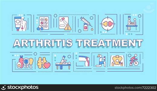 Arthritis treatment word concepts banner. Therapy and surgery. Infographics with linear icons on blue background. Isolated creative typography. Vector outline color illustration with text. Arthritis treatment word concepts banner