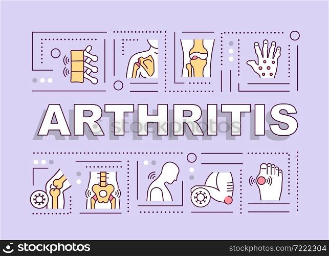 Arthritis word concepts banner. Joint inflammation and swelling. Infographics with linear icons on purple background. Isolated creative typography. Vector outline color illustration with text. Arthritis word concepts banner