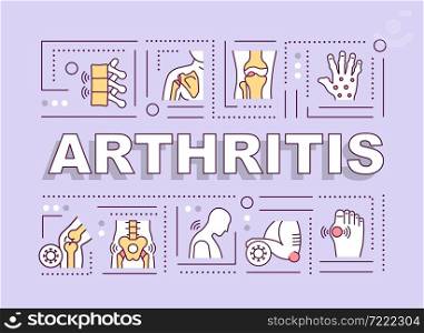 Arthritis word concepts banner. Joint inflammation and swelling. Infographics with linear icons on purple background. Isolated creative typography. Vector outline color illustration with text. Arthritis word concepts banner