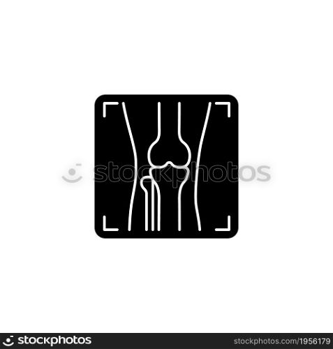 Arthritis x ray black glyph icon. Joint deformity depiction. Osteoarthritis diagnosis. Medical imaging. X-ray evidence of inflammation. Silhouette symbol on white space. Vector isolated illustration. Arthritis x ray black glyph icon