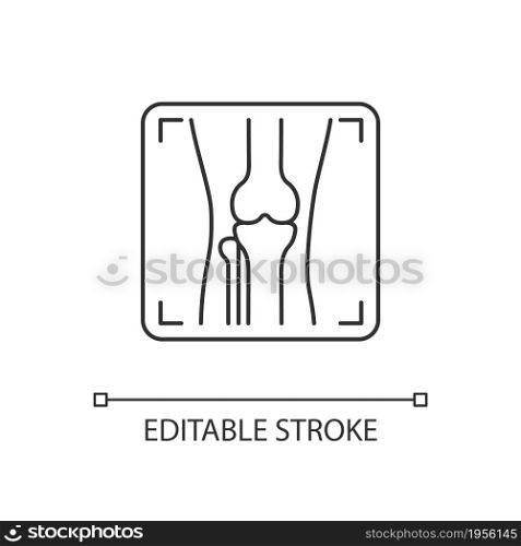 Arthritis x ray linear icon. Joint deformity depiction. Osteoarthritis diagnosis. Medical imaging. Thin line customizable illustration. Contour symbol. Vector isolated outline drawing. Editable stroke. Arthritis x ray linear icon