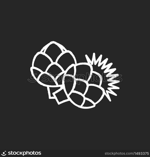 Artichoke chalk white icon on black background. Fresh vegetable to cook nutrient recipe. Raw vegetable for healthy dieting. Vegan salad ingredient. Isolated vector chalkboard illustration. Artichoke chalk white icon on black background