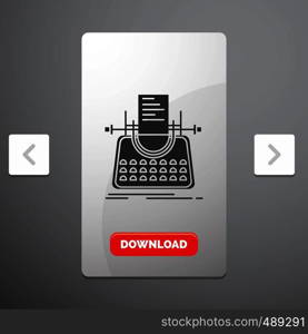 Article, blog, story, typewriter, writer Glyph Icon in Carousal Pagination Slider Design & Red Download Button. Vector EPS10 Abstract Template background