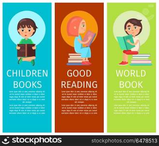 Articles about Children Books with Illustrations. Children books, good reading and world book articles with vector illustrations of little children who read with interest.