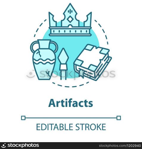 Artifacts concept icon. Ancient treasures. Museum exhibits. Archaeological old civilization evidences. Historical research. Vector isolated outline RGB color drawing. Editable stroke