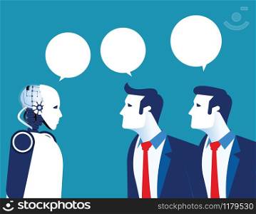 Artific intelligence. Person communication with modern robot. Concept business technology vector illustration.