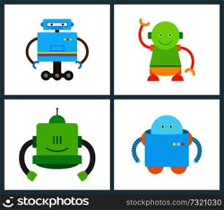 Artificial creatures collection robots with wheels and long hands green and blue robots set, friendly vector illustration isolated on white background. Artificial Creature Collection Vector Illustration