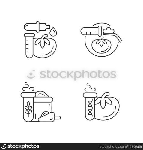 Artificial food additives linear icons set. Modified organic products. Nutrition sampling and analysis. Customizable thin line contour symbols. Isolated vector outline illustrations. Editable stroke. Artificial food additives linear icons set