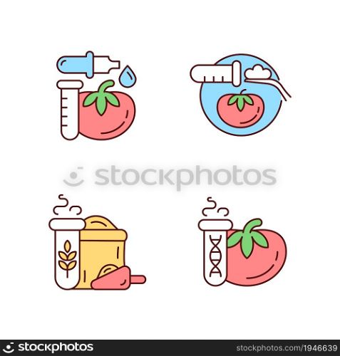 Artificial food additives RGB color icons set. Modified organic products. Nutrition sampling and analysis. Isolated vector illustrations. Simple filled line drawings collection. Editable stroke. Artificial food additives RGB color icons set