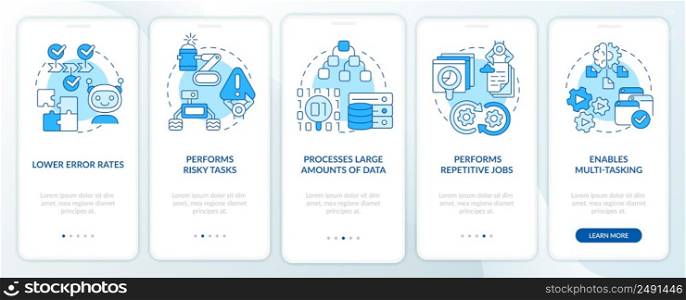 Artificial intelligence advantages blue onboarding mobile app screen. Walkthrough 5 steps graphic instructions pages with linear concepts. UI, UX, GUI template. Myriad Pro-Bold, Regular fonts used. Artificial intelligence advantages blue onboarding mobile app screen