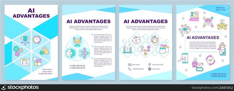 Artificial intelligence advantages brochure template. Leaflet design with linear icons. 4 vector layouts for presentation, annual reports. Arial-Black, Myriad Pro-Regular fonts used. Artificial intelligence advantages brochure template