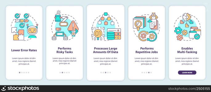 Artificial intelligence advantages onboarding mobile app screen. Walkthrough 5 steps graphic instructions pages with linear concepts. UI, UX, GUI template. Myriad Pro-Bold, Regular fonts used. Artificial intelligence advantages onboarding mobile app screen