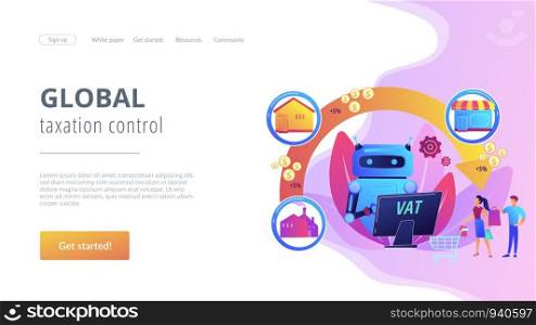Artificial intelligence, ai calculating taxation multiplier. Value added tax system, VAT number validation, global taxation control concept. Website homepage landing web page template.. Value added tax system concept landing page